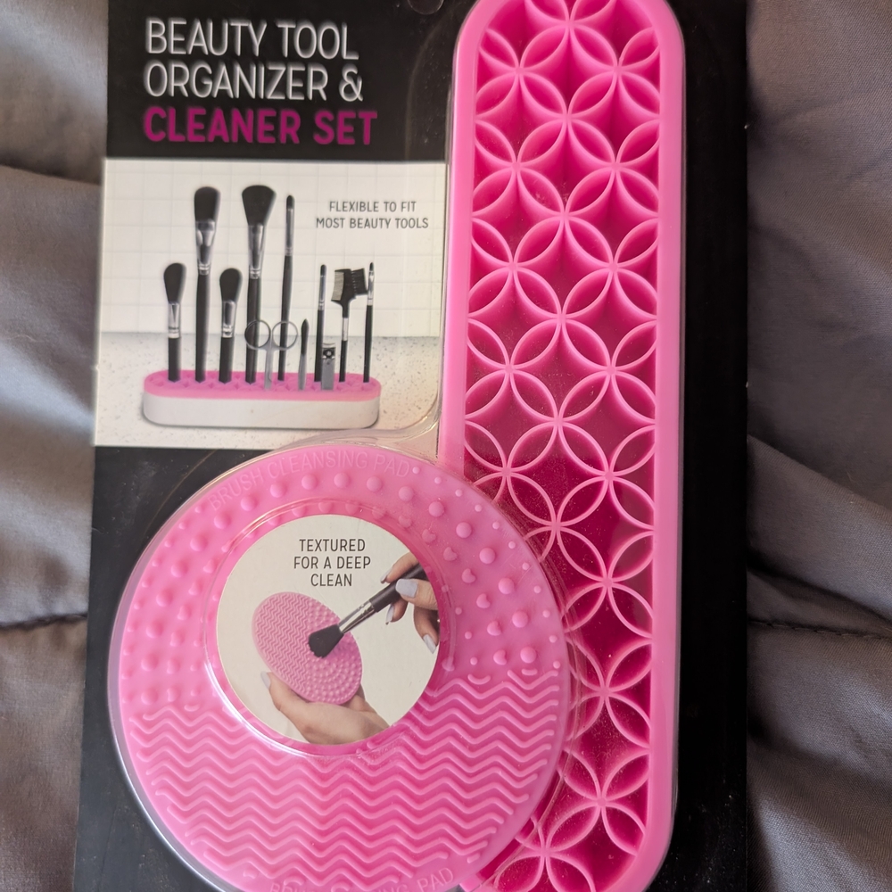 Pink Beauty Tool Organizer & Cleaner Set